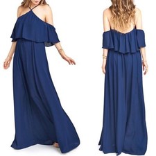 $184 Show Me Your Mumu Rebecca Ruffle Maxi Blue Cold Shoulder Gown Dress S Small