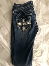 Miss Me Bootcut Jeans Blue Denim Embroidered Accents Women's 5-Pocket Button Zip