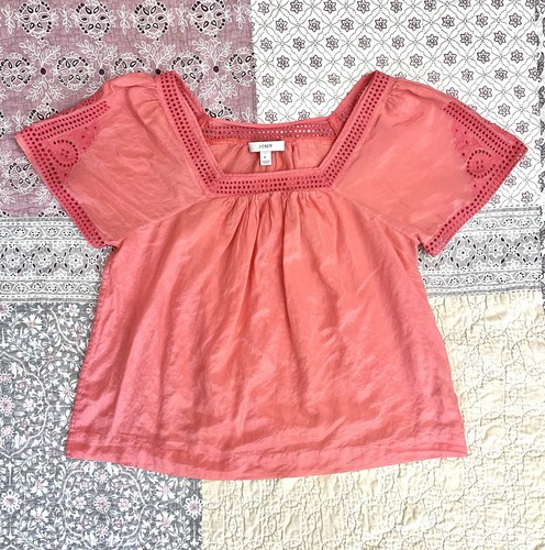 J Crew Cotton Silk Short Sleeve Top Blouse Embroidered Eyelet Sz 6 M Coral Pink - Picture 2 of 7