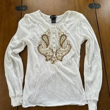 Wetseal Embellished Beaded Long Sleeve Top, Casual 90s Y2K Tee Size Small