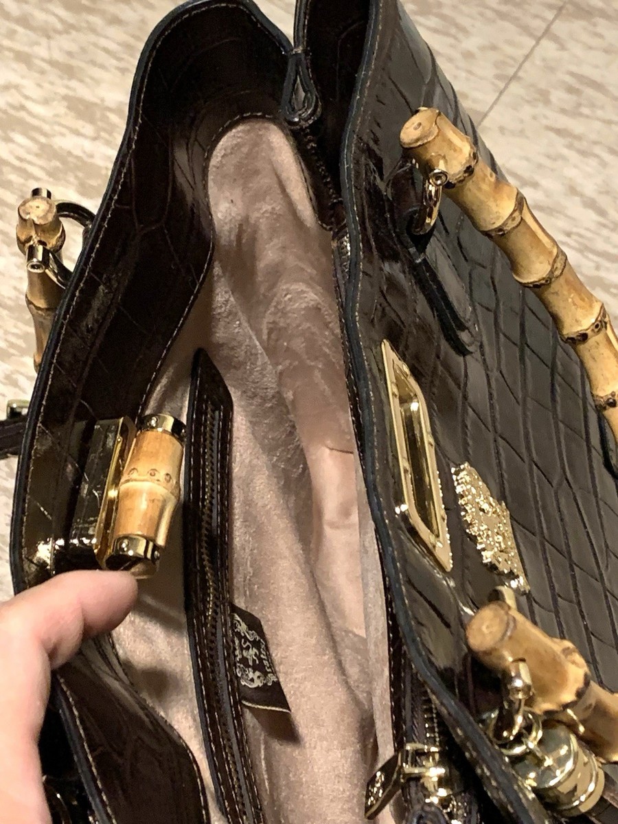 NWT Pratesi Firenze Coffee Croc Embossed Leather Bag with Bamboo