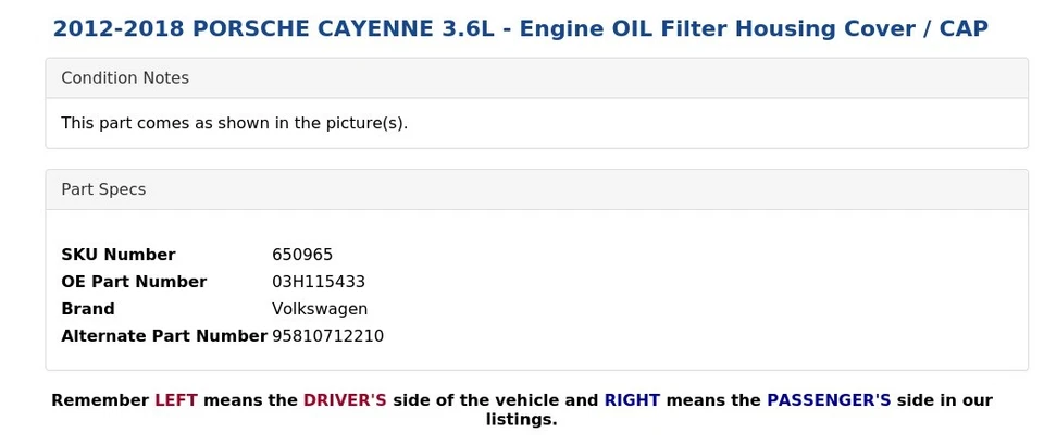 Porsche Cayenne 2012-2018 3,6 L - Cubierta de carcasa de filtro de aceite del motor / tapa Foto 4 de 4