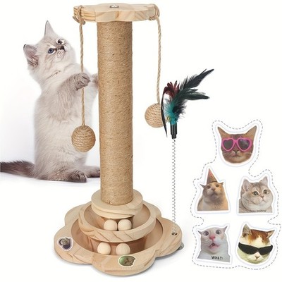 5-in-1 Cat Scratching Post, Wooden Tall Scratcher with 2-Tier Track Ball Toy