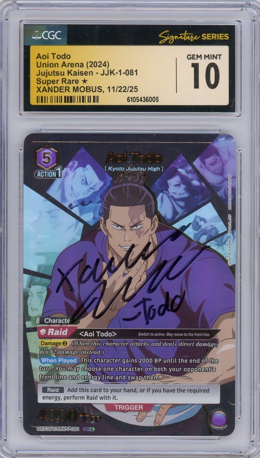 CGC GEM MINT 10 Xander Mobus Signed Aoi Todo UE03BT/JJK-1-081 Union Arena SR