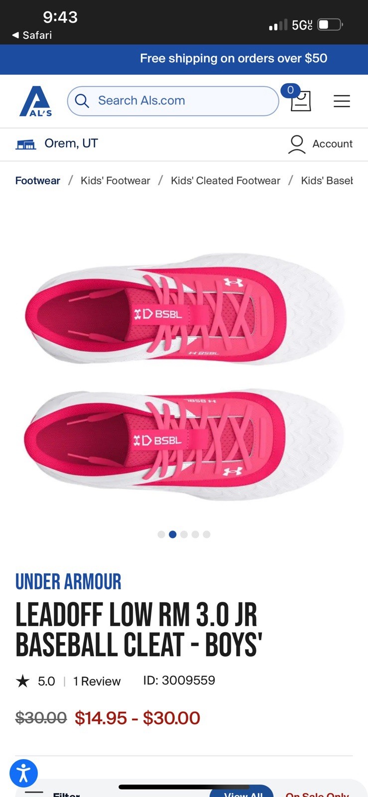 Under Armor Kids Pink And White Cleats Size 1Y thumbnail 2