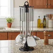 Stainless Kitchen Utensil Storage Rack Multipurpose Rotating Holder with 6 Hooks