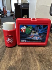 Vintage 1986 The Real Ghostbusters  Red Plastic Thermos Lunch Box W THERMOS RARE