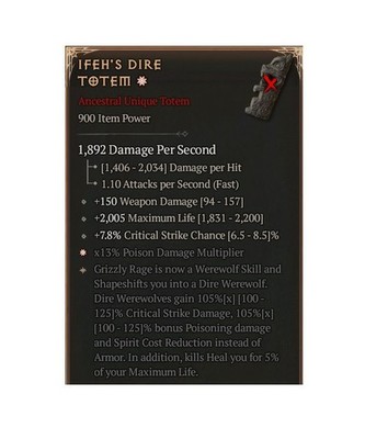 Diablo 4 S14 Ifeh's Dire Totem 1GA 105% Unique Totem Offhand Item Gear Equipment