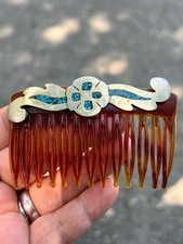 ANTIQUE VINTAGE FAUX TORTOISE STERLING SLVER TURQUOISE INLAID HAIR COMB ORNAMENT
