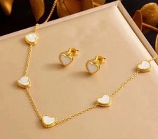 Heart Set Zirconia Gold Stainless Steel Necklace And Stud Earrings ,Women Girls