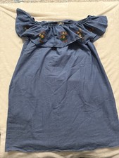 Everly Womens Embroidered Floral Off the Shoulder Chambray Dress/ Tunic Sz S E26