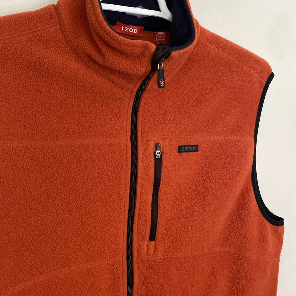 IZOD Orange Fleece Vest Full Zip Jacket Mens Size large Phone Pocket Football - Image 2 of 4