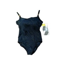 NWT Longitude Swimsuit 14 Black W Black Floral Design Gold Accents Slenderizing