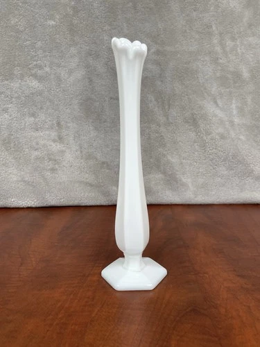 Vintage West Moreland Paneled Milk Glass Footed Swung Bud Vase 10"