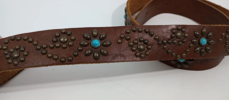 Cinturón Bohemio de Cadera Turquesa Tachonado Cuero Marrón Diseño Flor 40"- 42" Boho Foto 3 de 4