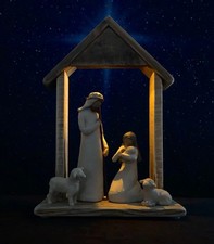 Rustic Wood Nativity Stable - A Tall Christmas Manger Scene w/ Tea Light Holder