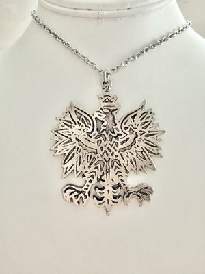 Vintage Polish National Rising EAGLE Crest 2  Pewter Pendant 24  Necklace