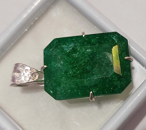74.65 Ct Natural Certified Green Emerald Loose Gemstone 925 Solid Silver Pendant - Picture 8 of 14
