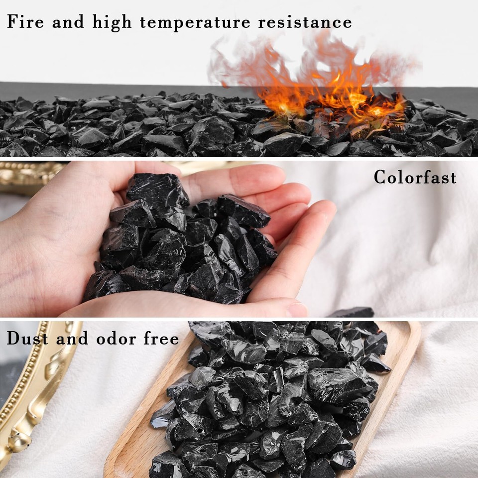 10LB Black Fire Pit Glass Crushed Fire Glass Rocks for Propane Fire Pit ...