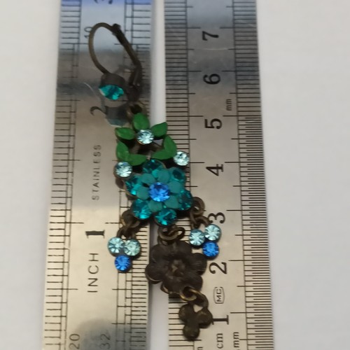 Michal Negrin Earrings Green Enamel Blue Crystals Long Chandelier Statement Gift - Picture 7 of 14