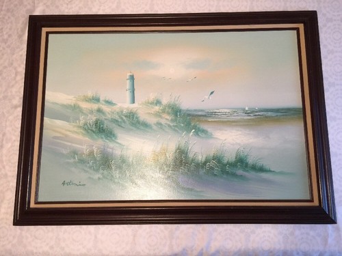 Framed Oil Painting Moon Rising Ocean Lighthouse Dunes Beach Sign Antonio 42x30 Ebay