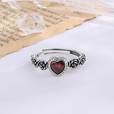 925 Sterling Silver Retro Ruby Heart Flower Adjustable Ring for Women
