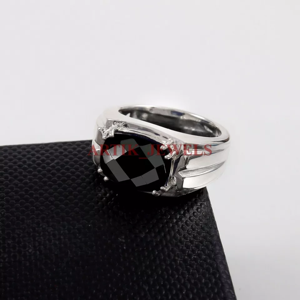 Anello In Argento Sterling 925 Con Gemma In Onice Nero Naturale Per Uomo #5088 - Immagine 2 di 4