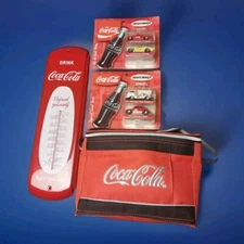 4 Peice COCA-COLA LOT, Thermometer,  2  Collectors Edition Cars, Cooler
