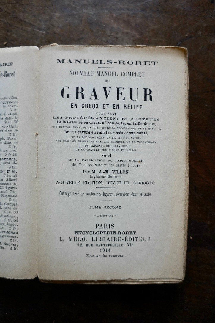 MANUEL GRAVEUR EN CREUX ET RELIEF, FABRICATION DU PAPIER MONNAIE RORET 1914 T-2