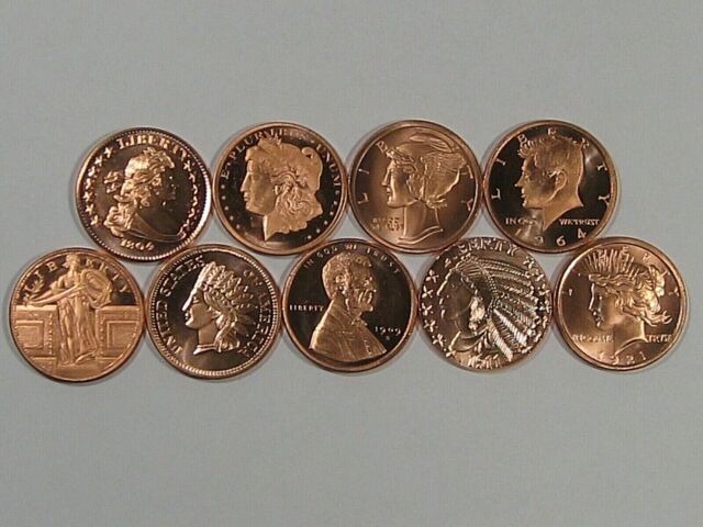 9 Different 1oz Copper Rounds 999 Fine - US Coins. #25