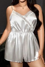 New 4XL Bridal White Satin Lace Trim Open Back Loose Cami Jumpsuit Romper Teddy