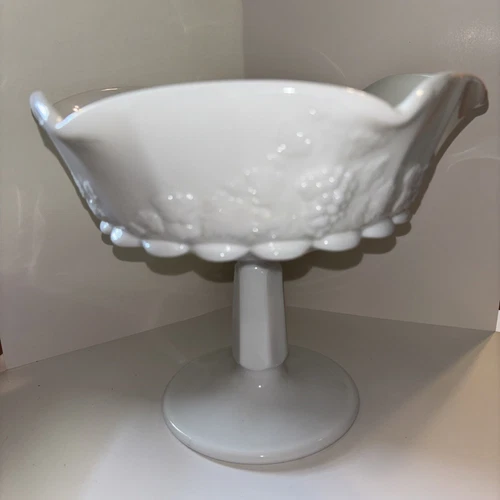Vintage Stamped Westmoreland White Milk Glass Paneled Grape Pedestal Fruit Bowl