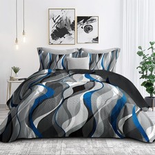 Classic Line Pattern Bedding Quilt King Size Modern Grey Blue and White Strip...