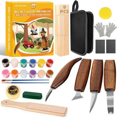 36-Piece Wood Carving Kit with Tools, Paint & Beeswax for Beginners
