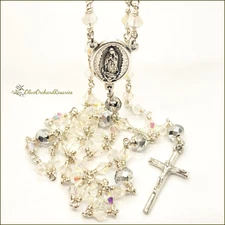 Handmade Our Lady of Guadalupe Santo Nino Small Iridescent Glass Beads Rosary