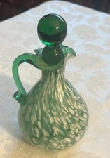 Rainbow Art Glass Cruet Green & White Splatter W/ Stopper Vtg