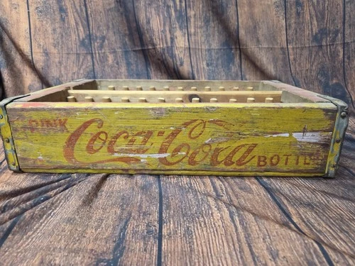 Vintage COCA-COLA Wooden "Mobile" Yellow Soda Pop Crate Box Coke  Metal Edges