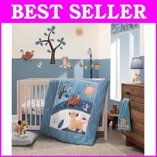 Cute Lion King Blue Crib Bedding: 3 Pieces with Plush Quilt Chevron Skirt