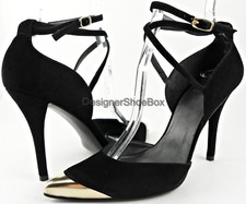  385 STUART WEITZMAN GLAMOROSO Black Suede Designer Strappy Pointed Pumps 7.5