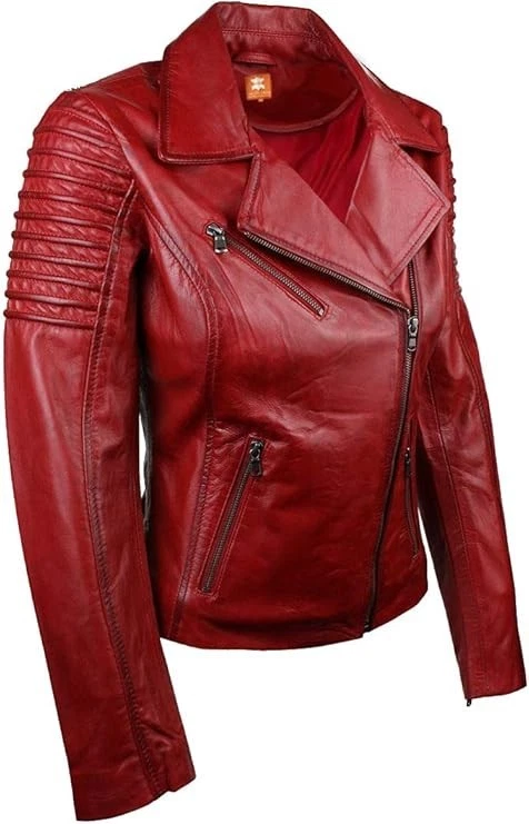 Womens Vintage Fashion Slim Fitted Soft Real Leather Ladies Casual Biker Jacket - Image 3 of 4