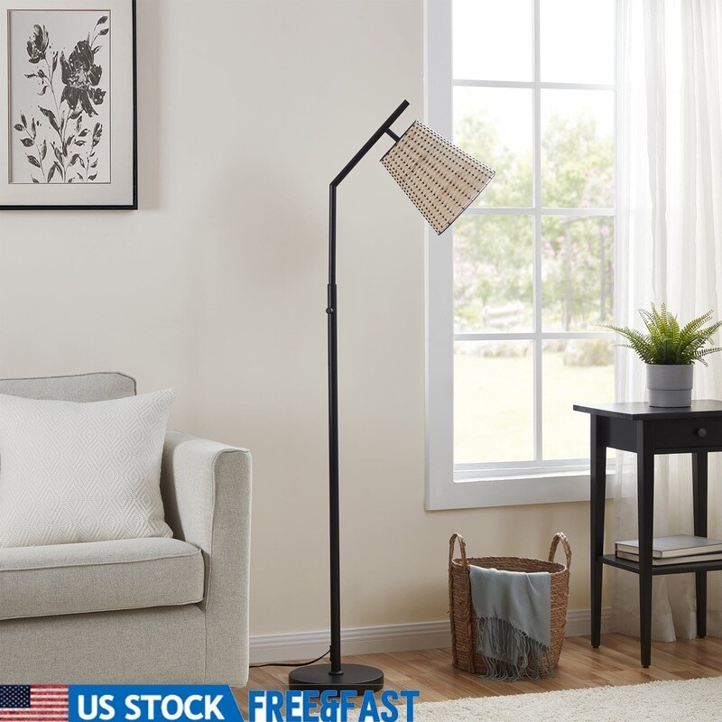 Boho Rattan Shade Angled Floor Lamp Modern Home Decor Accent Lighting