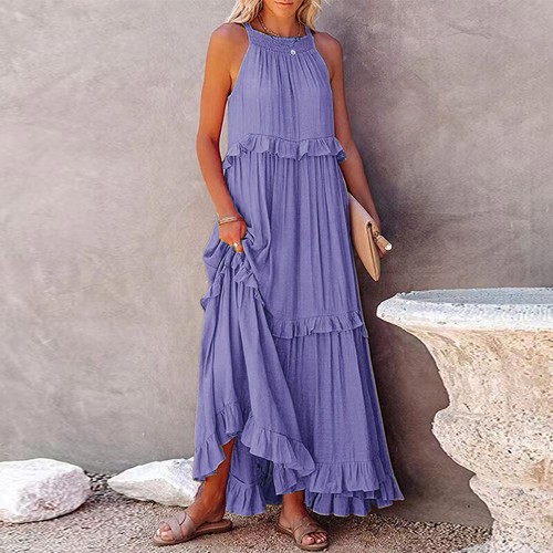 Women Summer Long Maxi Dress Sleeveless Tiered Agaric Laces Sundress Holidays - Picture 22 of 24