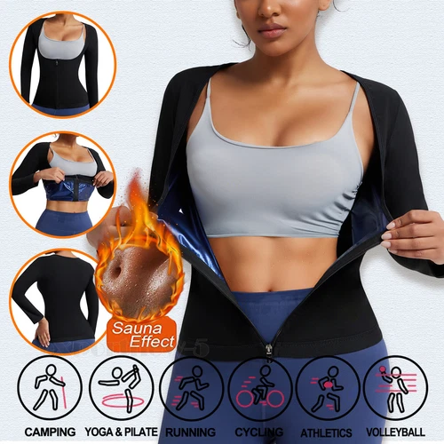 Damen Sauna Anzug Schwitzen Schlankmacher Weste Body Shaper Reißverschluss Langarm Fitnessstudio Tops - Bild 1 von 13