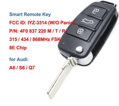 Remote Key for Audi A6 S6 Q7 FSK 315MHz 434MHz 868MHz 8E Chip FCC ID: IYZ-3314