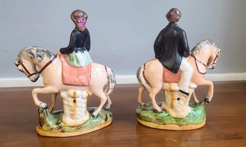 Pair Antique English Staffordshire Pottery Prince Princess Equestrian Figurines - Picture 4 of 7