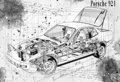 Line Tech Zeichnung Porsche 924 Cutaway Kunst Poster Druck