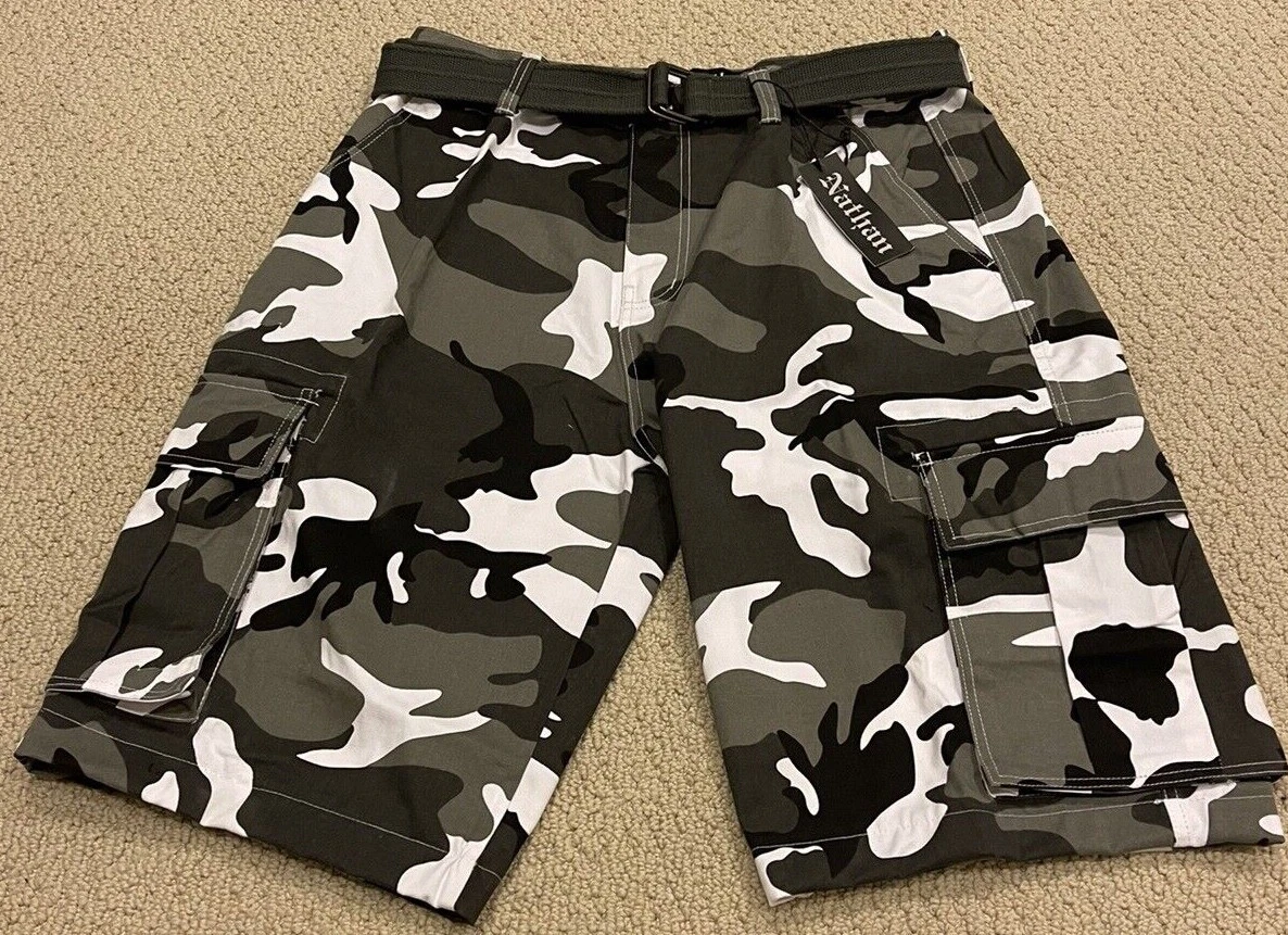 NWT Men’s Nathan Black White Camouflage Camo Belted Cargo Pocket Shorts ALL  SIZE