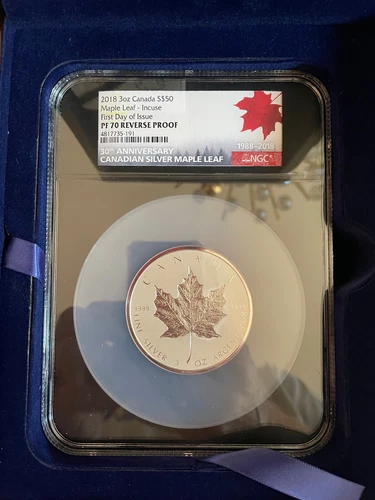 2018 NGC PF70 Reverse Proof 3 oz Silver $50 CANADA Maple Leaf Incuse FDOI .9999