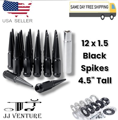 24Pc Black 4.5'' Tall M12x1.5 Spike Lug Nut+Key Fit Toyota Tacoma 4Runner & More
