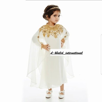 Stylish White Moroccan New Georgette Wedding Kaftan Maxi  Kids Long Gown Dress